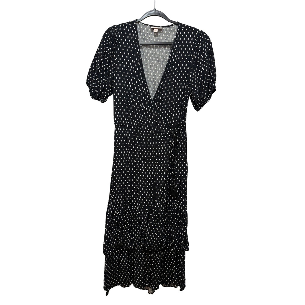 Knox Rose Womens Large Black White Square Dot Wrap Midi Dress Tiered Boho
